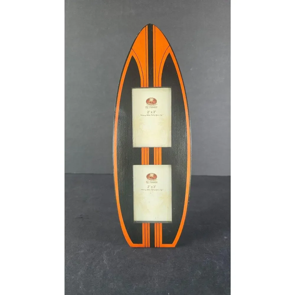 KC Hawaii Surfboard Double Picture Frame 2x3 Black Orange Wood Tabletop Decor